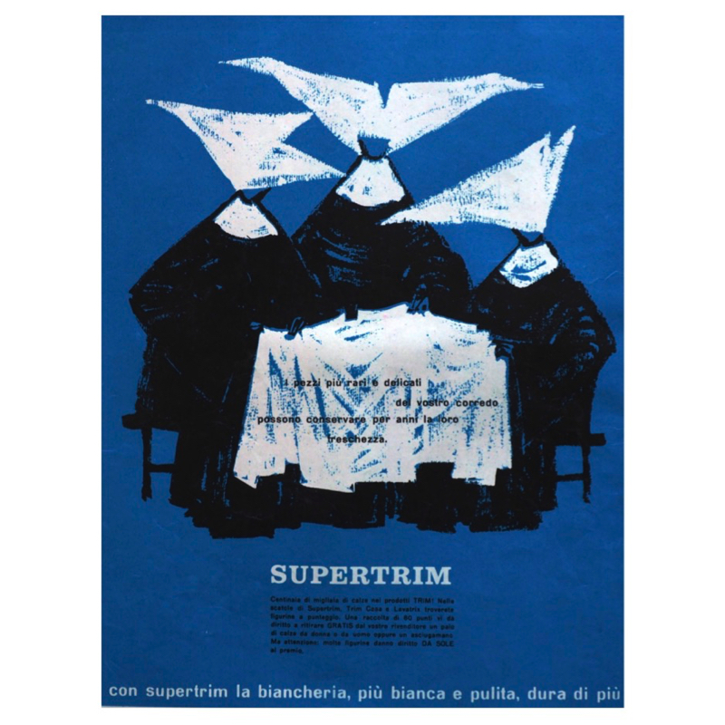 campagna stampa detersivo Trim del 1959. illustrazione artistica con tre suore su sfondo azzurro