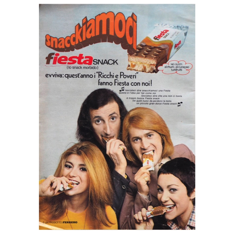 campagna stampa Fiesta Ferrero del 1972. il gruppo musicale Ricchi e Poveri testimonial del prodotto