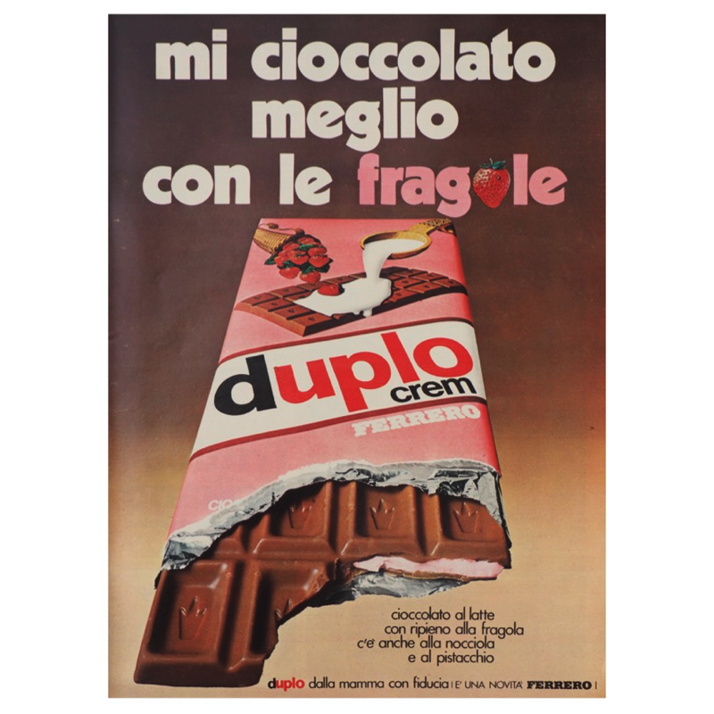 campagna stampa Ferrero del 1970. barretta Duplo di cioccolato alla fragola